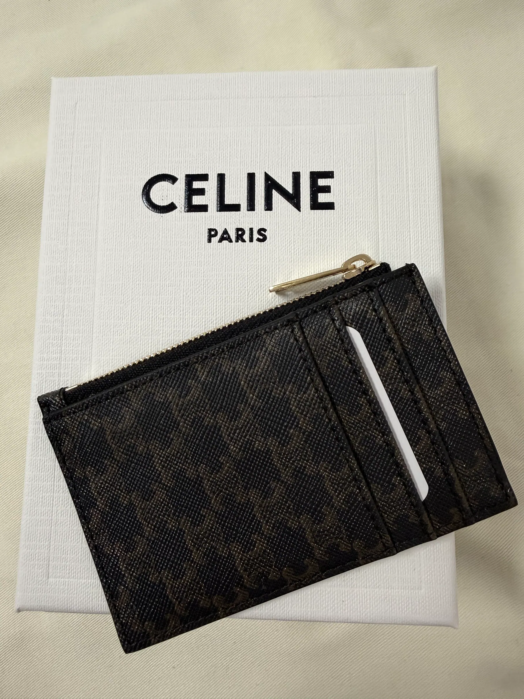 Celine Triomphe 帆布 & 小羊皮拉链卡包 棕褐色