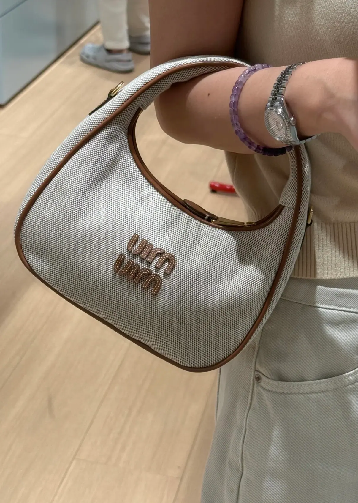 Miu Miu Wander 帆布皮革包 米色 Brandy 22x23x7cm