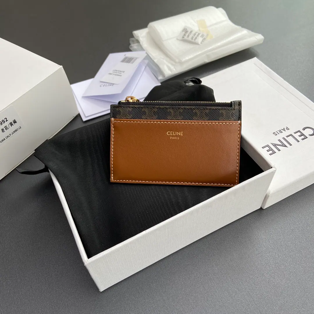 Celine Triomphe 帆布 & 小羊皮拉链卡包 棕褐色