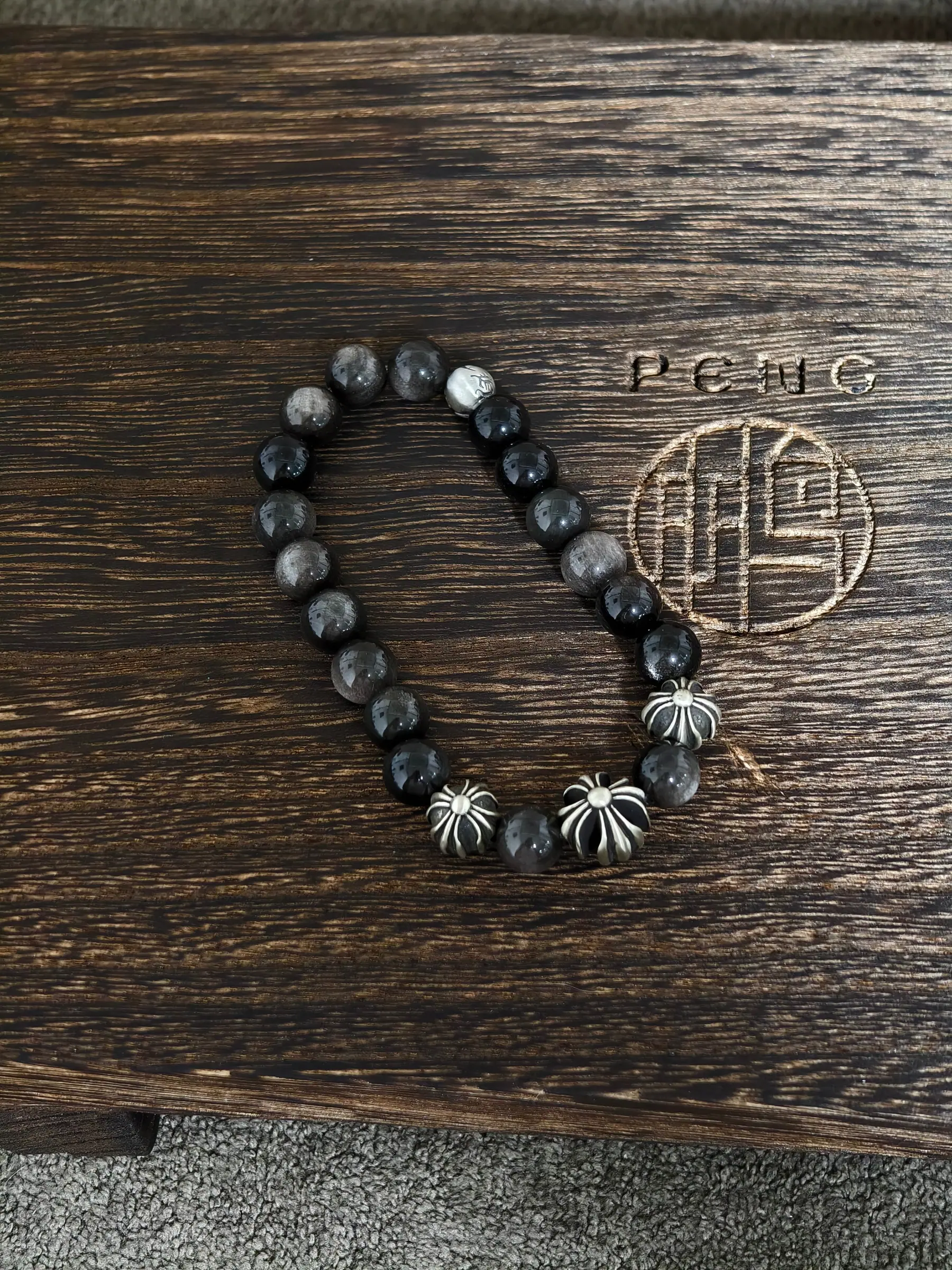 Chrome Hearts 925银黑曜石手链|8mm
