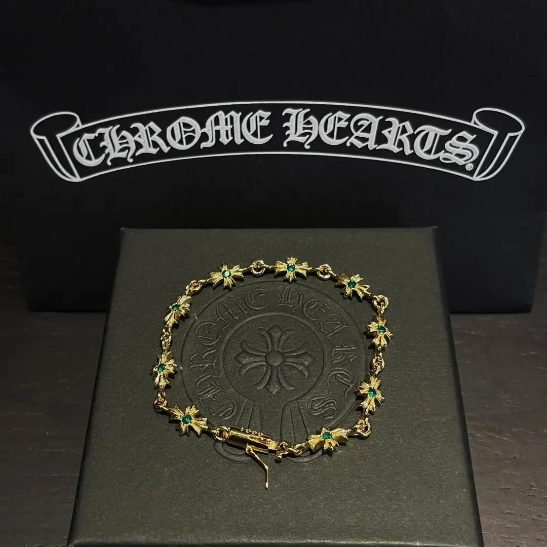 Chrome Hearts 镀金绿钻十字手链|925银